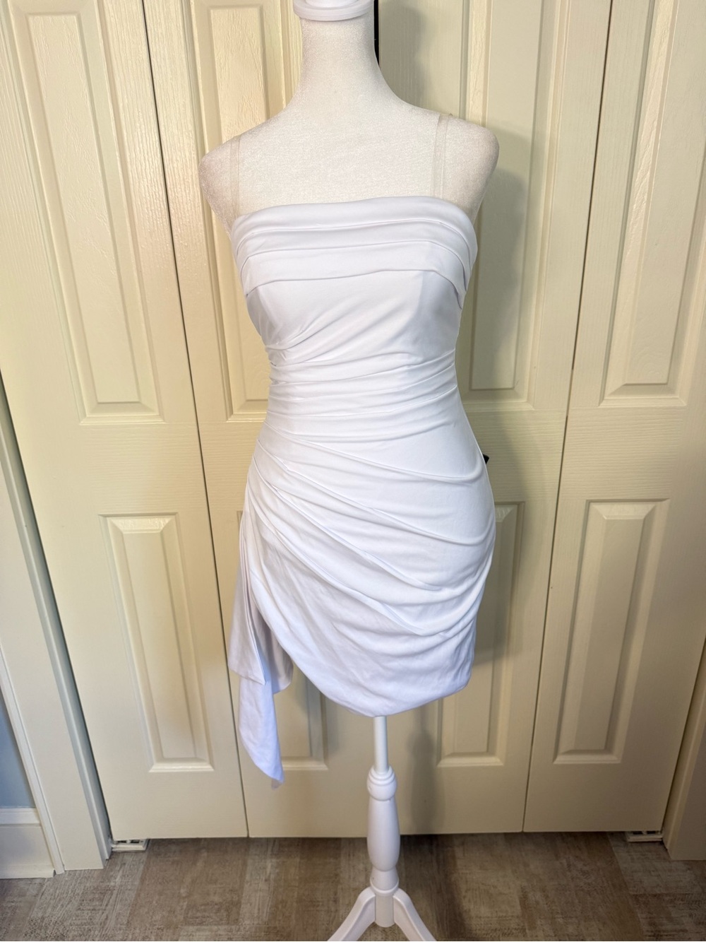 Strapless White Ruched Mini Dress - Picture 2 of 4